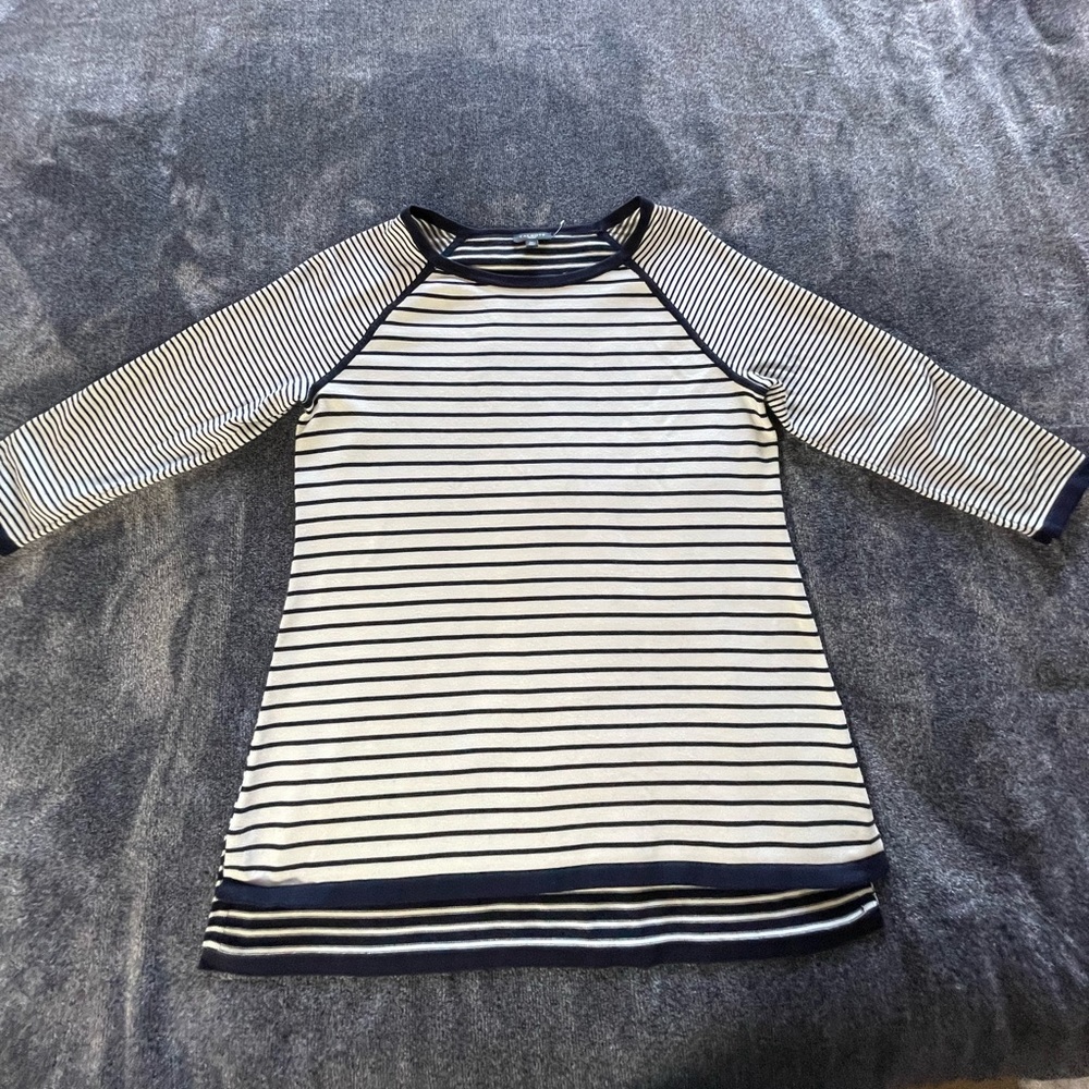 Talbots Petites Women's M  3/4 Sleeve Striped Sweater Navy Blue & Ivory